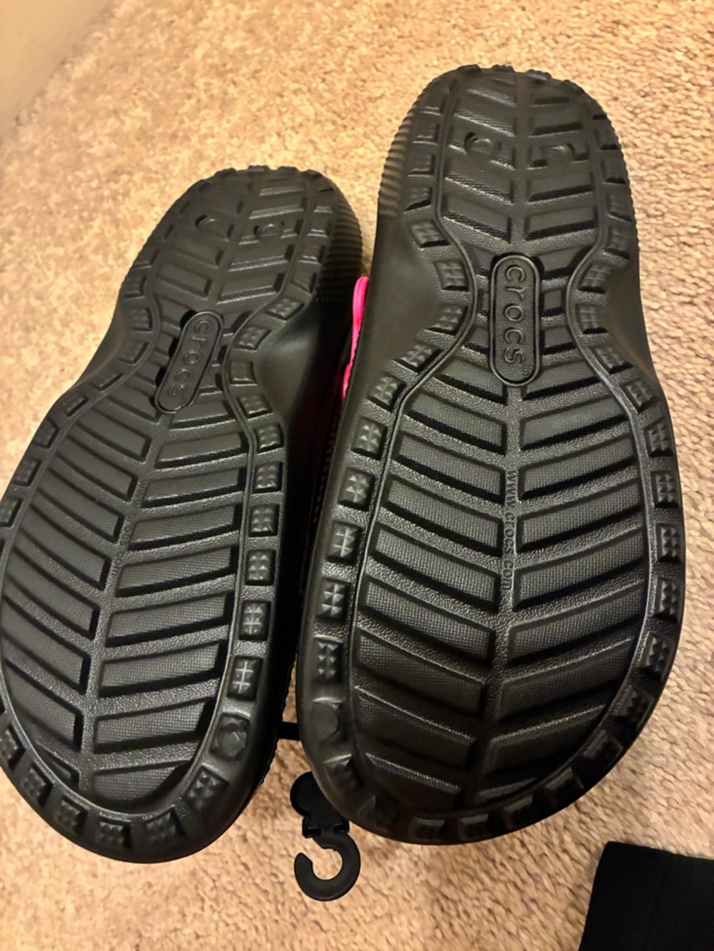 CROCS Black Slip-On Clogs with Pink Strap and Neon Yellow Lining - Picture 3 of 3